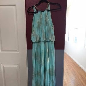 Teal with gold accents prom dress